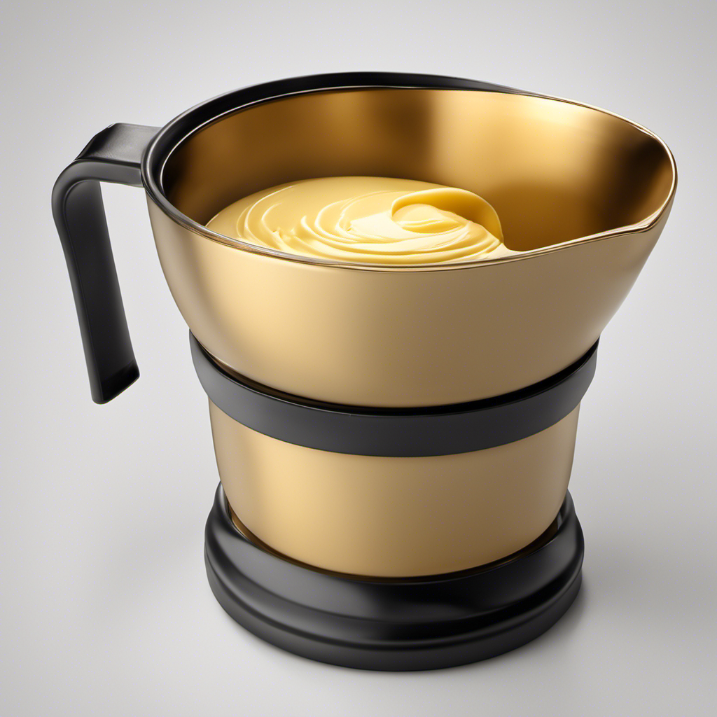 An image showcasing a measuring cup filled halfway with smooth, creamy shortening, gently pouring into a separate measuring cup filled with an equal amount of rich, golden butter