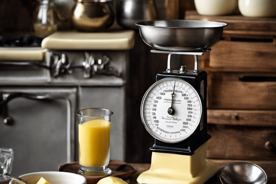 An image showcasing a vintage kitchen scale with a bowl containing precisely 1/3 cup of white shortening, next to a measuring cup filled with an equivalent amount of creamy yellow butter