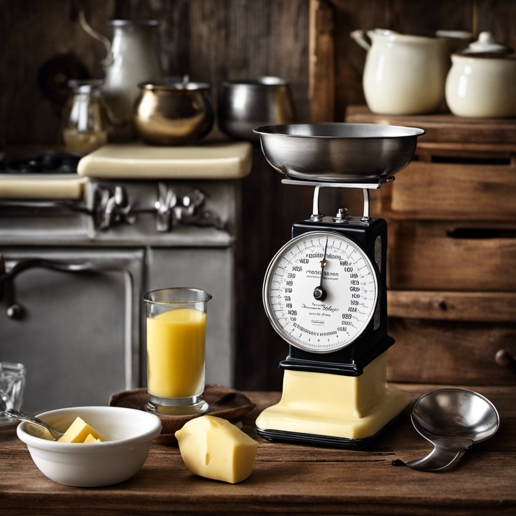 An image showcasing a vintage kitchen scale with a bowl containing precisely 1/3 cup of white shortening, next to a measuring cup filled with an equivalent amount of creamy yellow butter