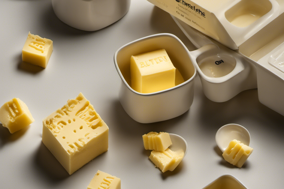 An image showcasing a cube of butter alongside a set of measuring cups, highlighting the process of converting between the two