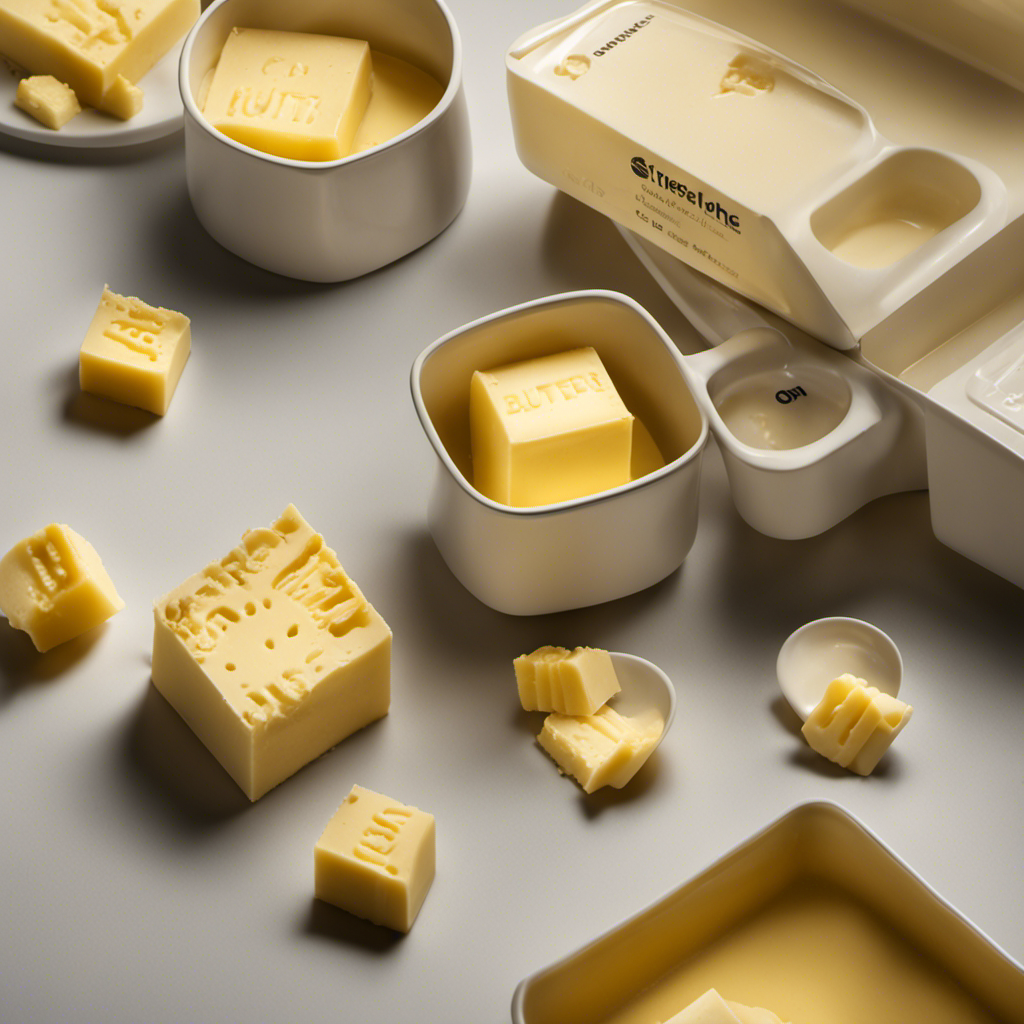An image showcasing a cube of butter alongside a set of measuring cups, highlighting the process of converting between the two