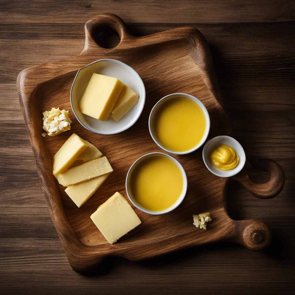 An image that showcases a rustic wooden cutting board, with a vintage-style measuring cup filled with melted butter