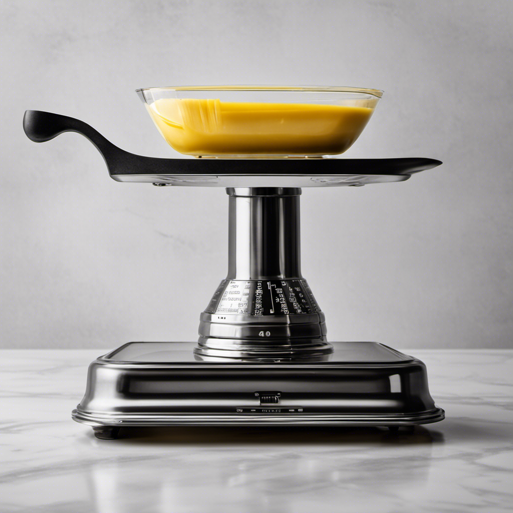 An image depicting a vintage kitchen scale, showcasing a single cup of melted butter being poured into a stack of perfectly aligned butter sticks, highlighting the conversion between the two measurements