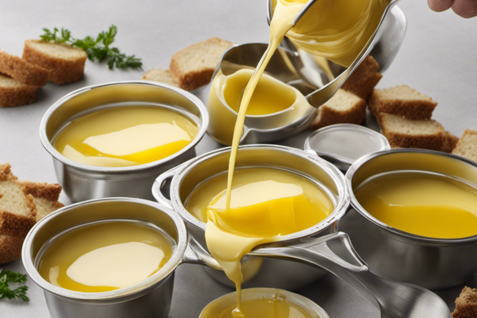 An image showcasing a clear measuring cup filled with melted butter, precisely pouring into a collection of neatly arranged tablespoon-sized containers, revealing the exact conversion of 1 cup of butter into tablespoons
