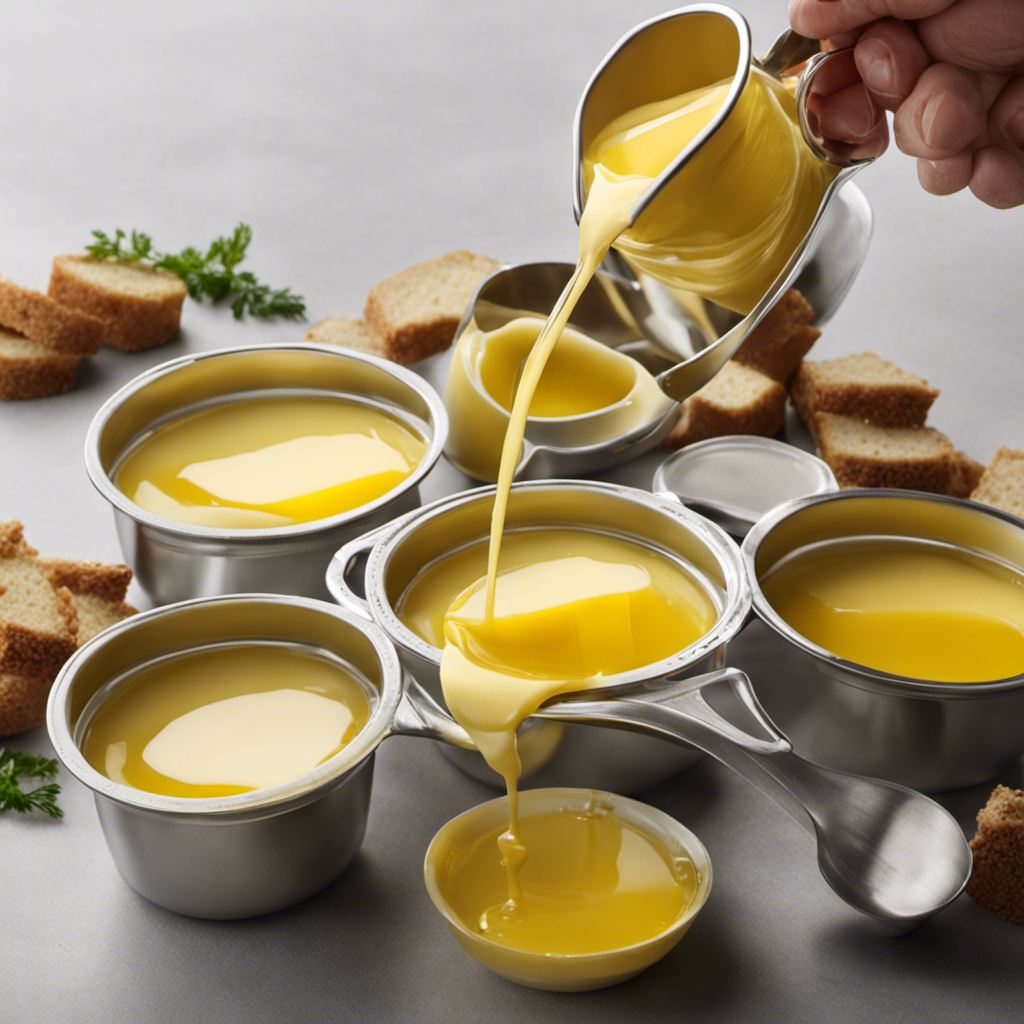An image showcasing a clear measuring cup filled with melted butter, precisely pouring into a collection of neatly arranged tablespoon-sized containers, revealing the exact conversion of 1 cup of butter into tablespoons
