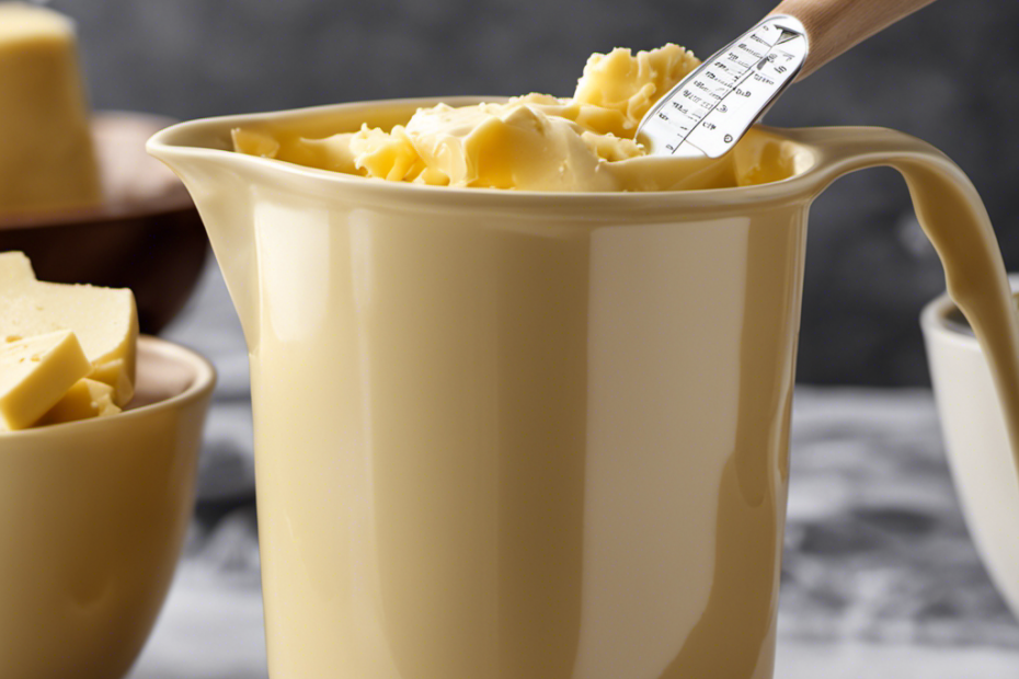 An image showcasing a measuring cup filled with precisely measured 1 lb of creamy, golden butter, the equivalent of 4 standard US cups