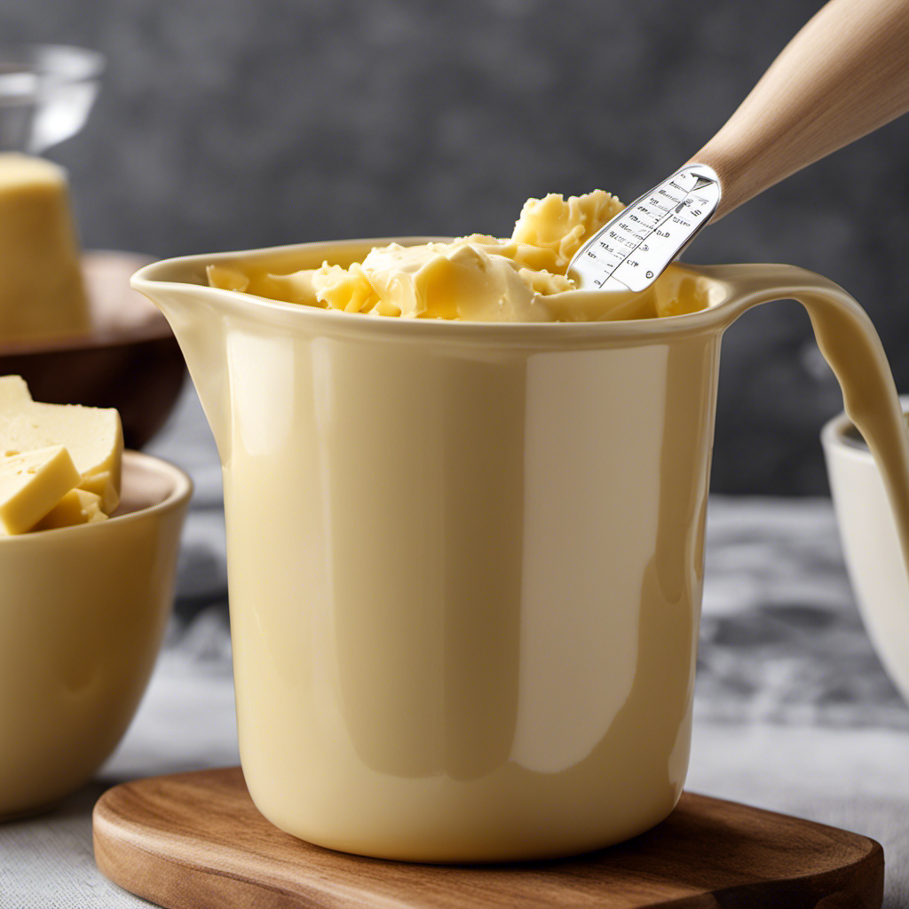 An image showcasing a measuring cup filled with precisely measured 1 lb of creamy, golden butter, the equivalent of 4 standard US cups