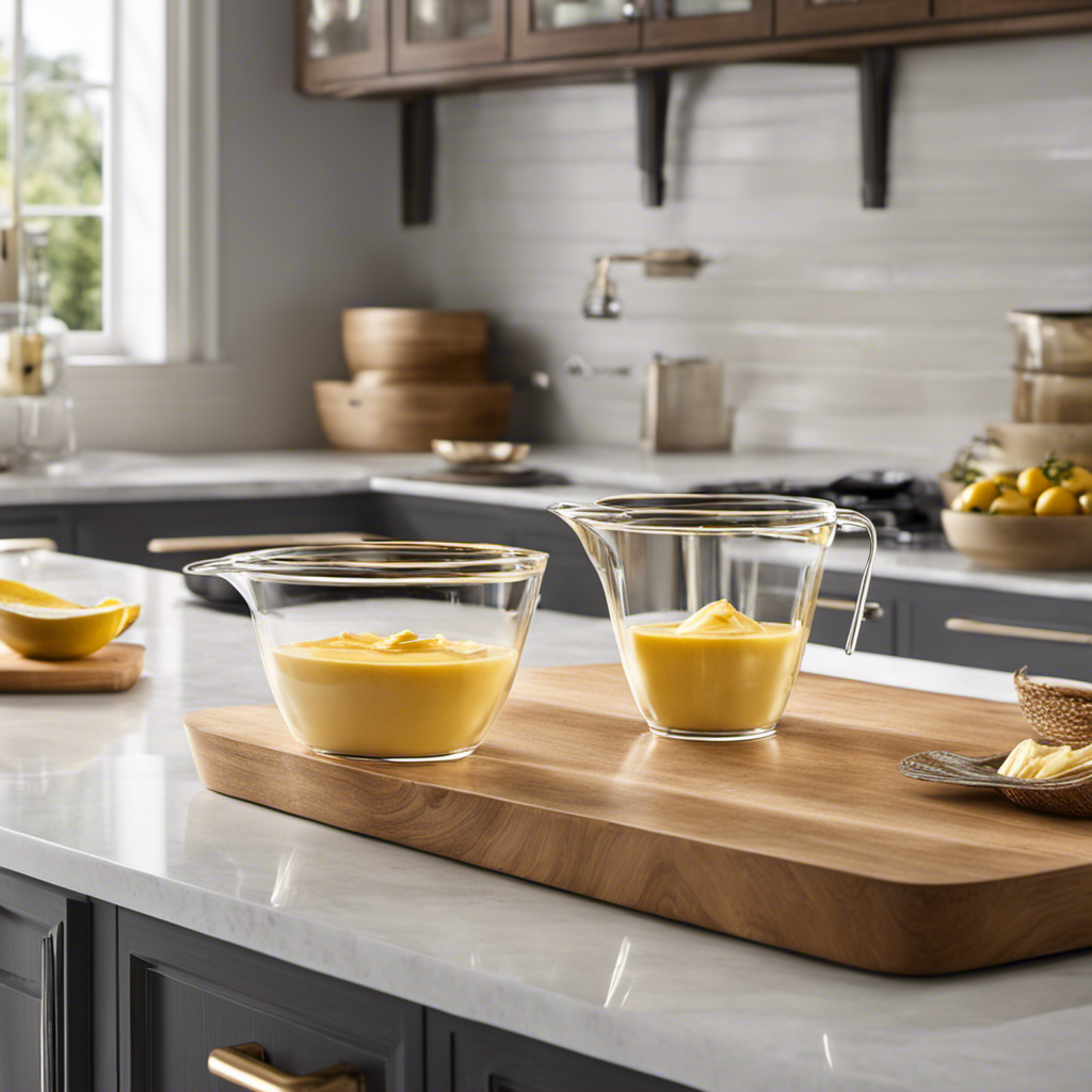 An image showcasing a sleek, modern kitchen countertop with a glass measuring cup filled to the brim with creamy, golden butter