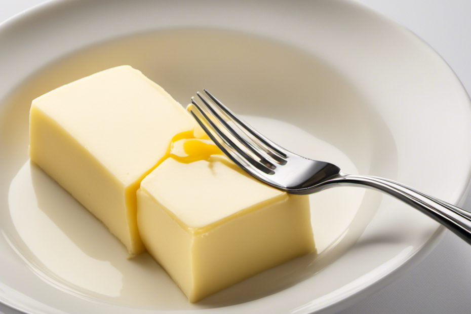 An image showcasing a stick of butter, cut into precise tablespoons, neatly arranged on a pristine white surface