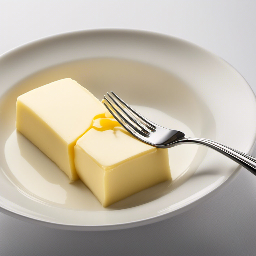 An image showcasing a stick of butter, cut into precise tablespoons, neatly arranged on a pristine white surface