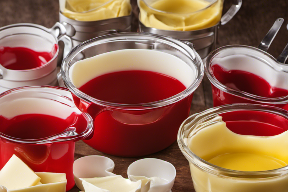 An image showcasing a vibrant red measuring cup filled with creamy melted butter, while a stack of empty measuring cups gradually diminishes in size, symbolizing the conversion of one stick of butter to various cup measurements