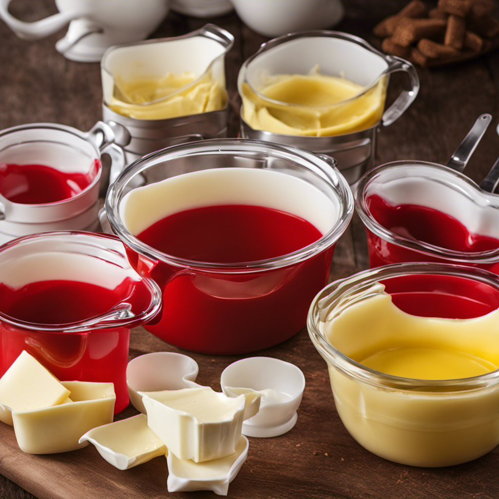An image showcasing a vibrant red measuring cup filled with creamy melted butter, while a stack of empty measuring cups gradually diminishes in size, symbolizing the conversion of one stick of butter to various cup measurements