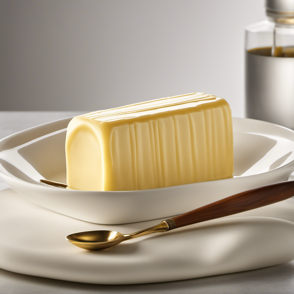 An image showcasing a perfectly wrapped stick of butter, with its smooth, golden surface glistening under soft lighting