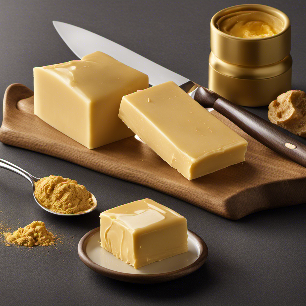 An image showcasing a single stick of golden-hued oleo, contrasted next to a slab of creamy butter, illustrating their equal measure