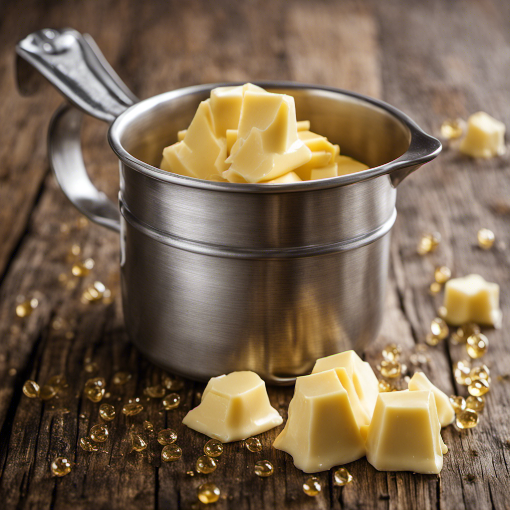 An image showcasing a vintage-style measuring cup filled to the brim with smooth, creamy butter, perfectly weighing 1lb