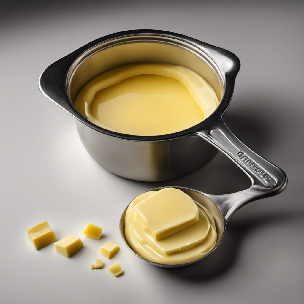 An image showcasing a measuring cup filled with 2/3 cup of melted butter, alongside a stack of tablespoons