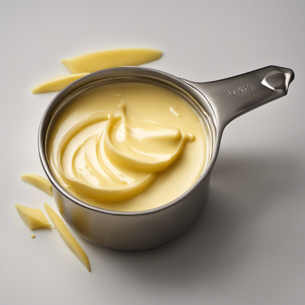 An image showcasing a measuring cup filled with 2/3 cup of creamy, melted butter, pouring into a tablespoon, perfectly measuring its equivalent