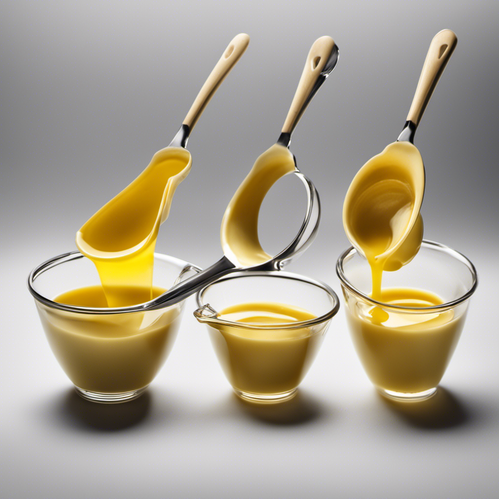 An image showcasing a measuring cup containing 2/3 cup of melted butter, alongside two empty tablespoons