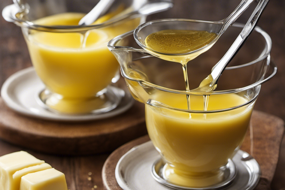 An image showcasing a measuring cup filled with 2/3 cups of melted butter, pouring it into a set of tablespoon measuring spoons until they are filled to capacity