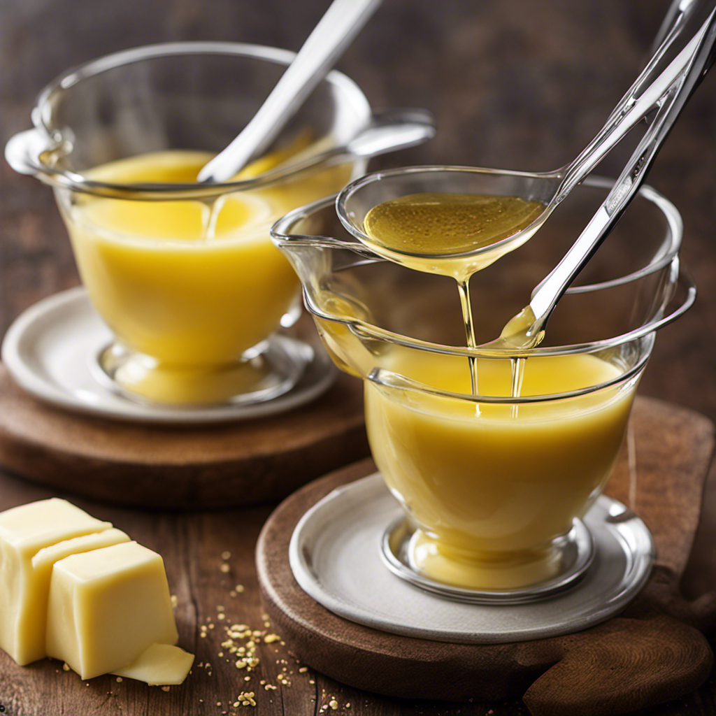 An image showcasing a measuring cup filled with 2/3 cups of melted butter, pouring it into a set of tablespoon measuring spoons until they are filled to capacity