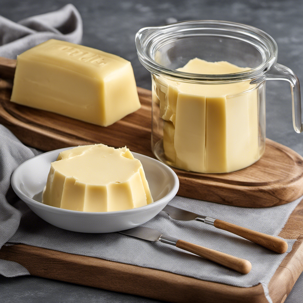 An image capturing the process of measuring 2 cups of butter, showcasing a clear glass measuring cup filled to the brim with smooth, golden sticks of butter, neatly stacked atop one another