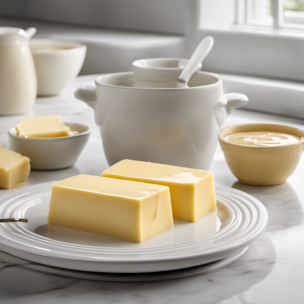 An image showcasing two sticks of butter neatly arranged side by side, sitting atop a pristine white countertop