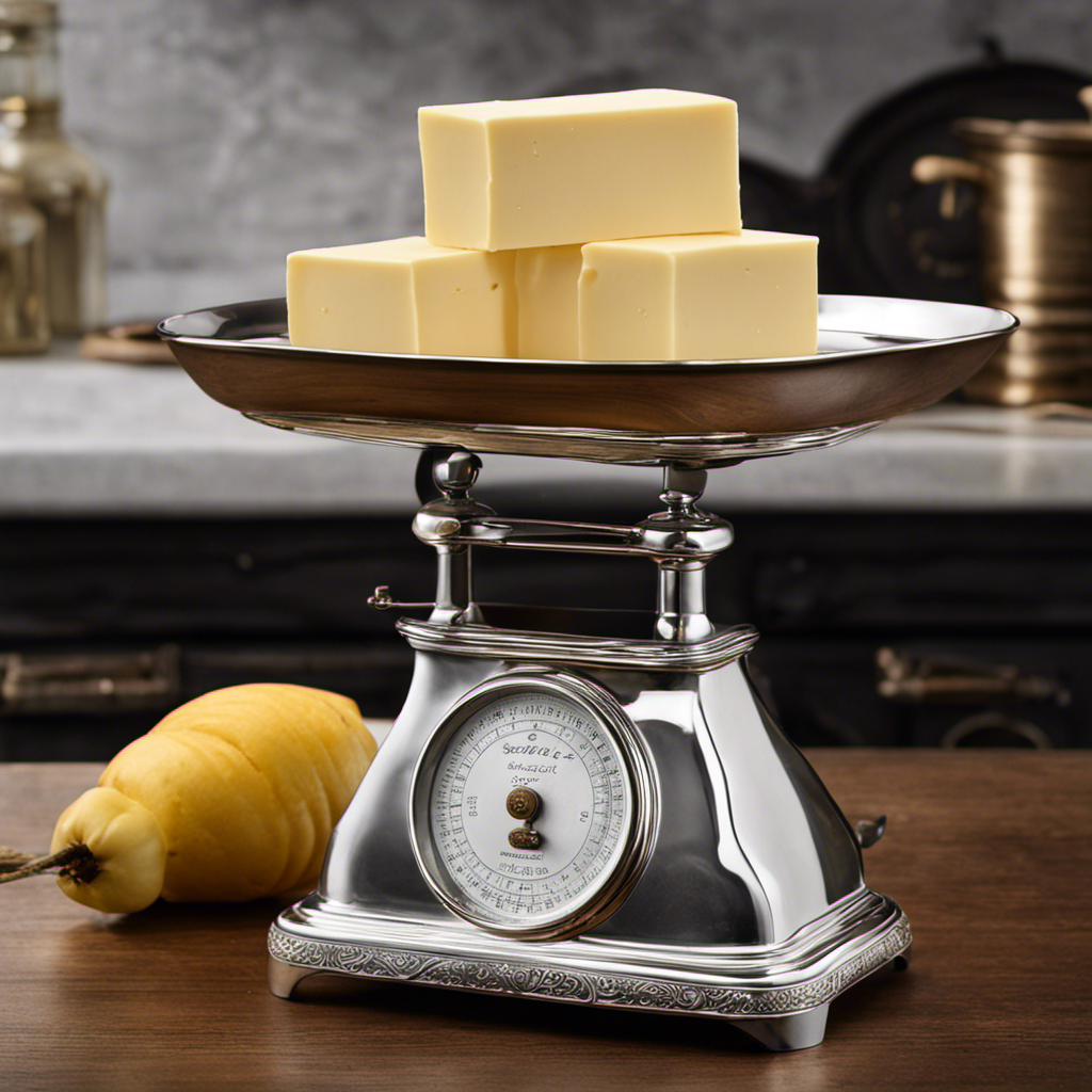 An image featuring a vintage kitchen scale with a silver butter dish on one side, holding 3/4 cup of butter