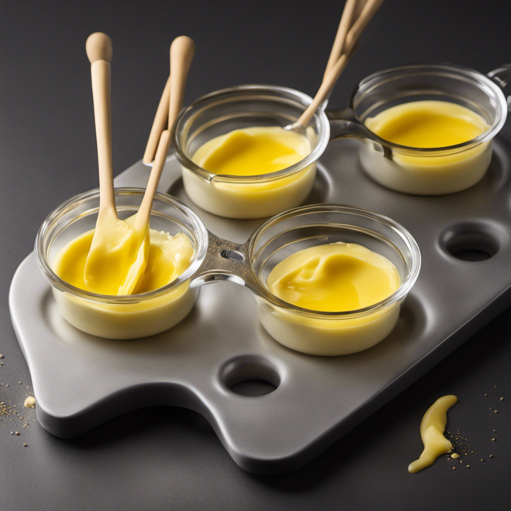 An image showcasing a measuring cup filled with precisely 3/4 cup of melted butter, surrounded by four identical sticks of butter neatly arranged in a row, emphasizing the conversion between cups and sticks