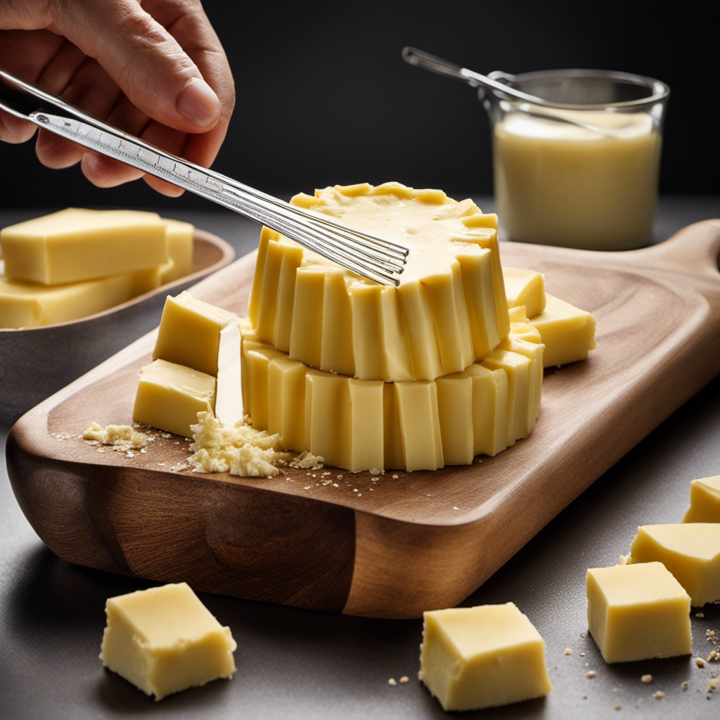 An image depicting 3/4 cups of butter being measured and converted into sticks, showcasing the precise amount of 1 1/2 sticks of butter, using a measuring cup and sticks of butter
