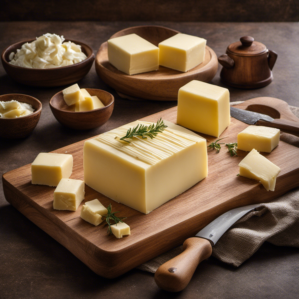 An image showcasing a wooden cutting board with a stack of 12 rectangular sticks of butter, each wrapped in wax paper