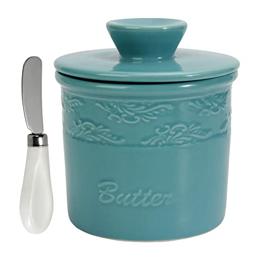 TAOUNOA Butter Dish with Lid for Countertop - Ceramic Butter Keeper with Stainless Steel Knife, French Butter Crock with Water Line Butter Holder for Counter, Light Blue