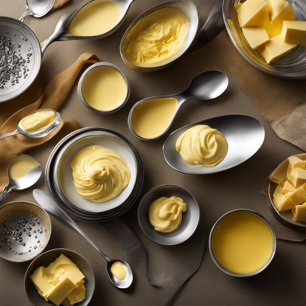 An image that showcases a sleek silver tablespoon gently scooping up perfectly measured 4 ounces of creamy yellow butter, with droplets of melted butter sliding down its curved surface