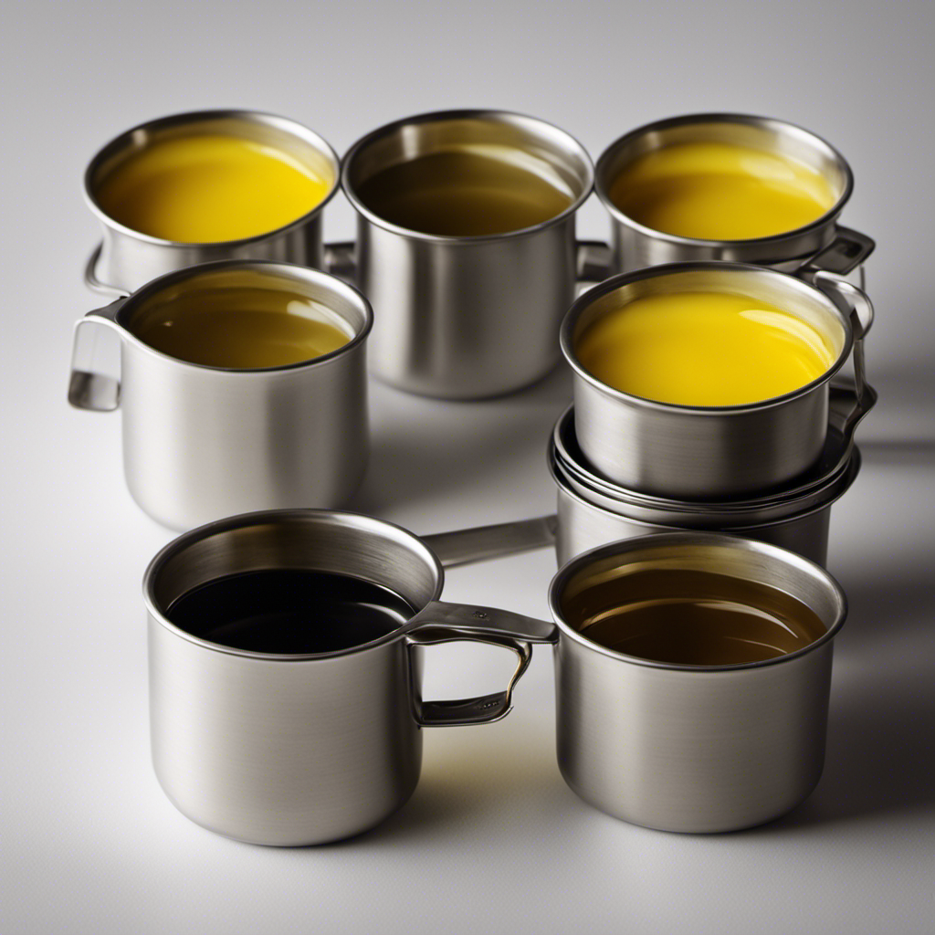 An image depicting a measuring cup filled with 4 ounces of melted butter, gradually pouring into a stack of empty measuring cups, each cup representing one cup measurement