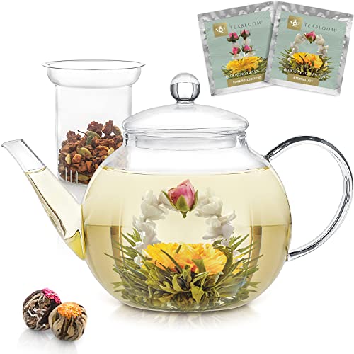 Teabloom Stovetop & Microwave Safe Teapot (40 oz) with Removable Loose Tea Glass Infuser – Includes 2 Blooming Teas – 2-in-1 Tea Kettle and Tea Maker