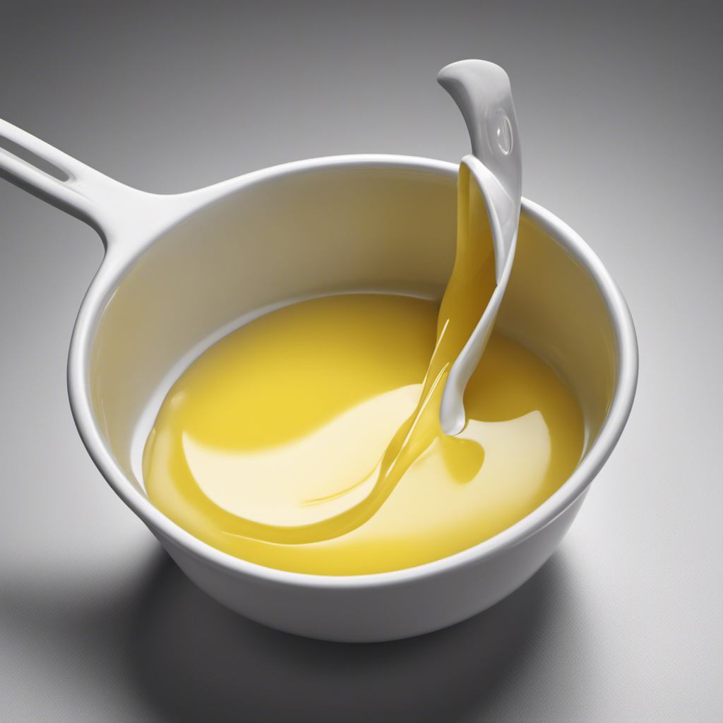 An image showing a measuring cup filled with 6 tablespoons of melted butter, alongside a separate empty cup