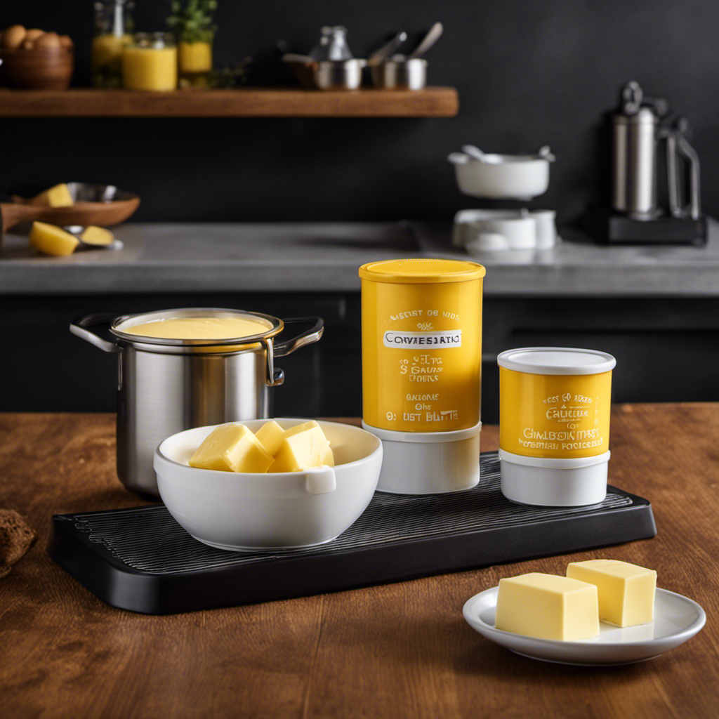 An image capturing the conversion of 8oz of butter to cups, showcasing a well-lit kitchen counter with a measuring scale displaying 8oz, while a set of measuring cups filled with butter depict the equivalent amount in cups