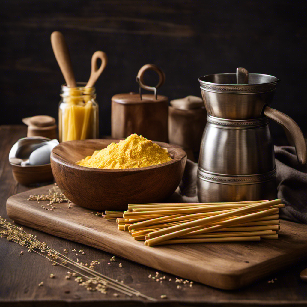 An image showcasing a rustic kitchen countertop with a stack of golden butter sticks neatly arranged beside a vintage measuring cup, emphasizing the conversion from a cup of butter to the corresponding number of sticks