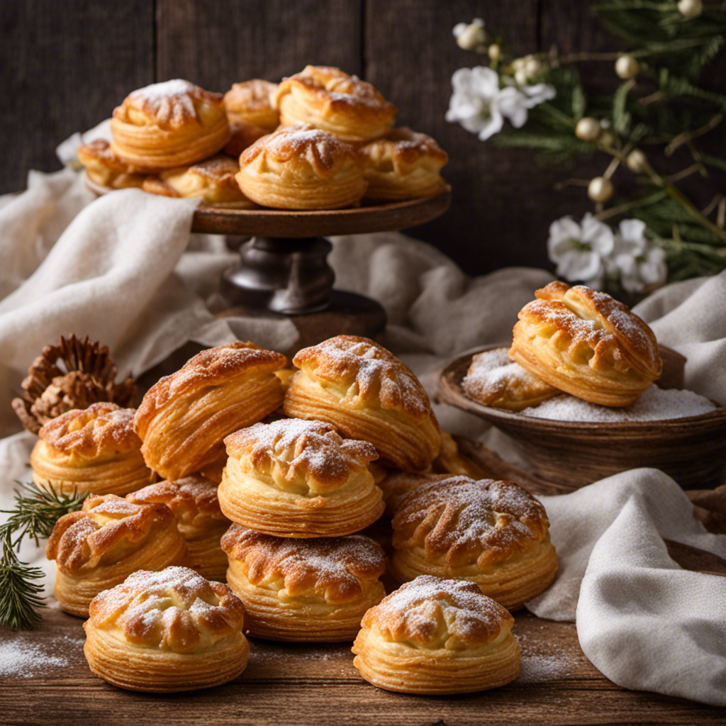 An image showcasing a display of flaky, golden-brown all butter puff pastries, neatly arranged on a rustic wooden table