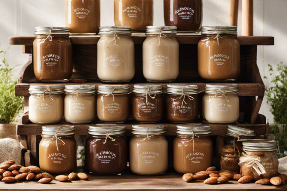 An image showcasing a rustic wooden shelf adorned with glass jars of almond butter, neatly arranged in a cozy corner of a quaint, sunlit grocery store, inviting readers to explore the best places to purchase this creamy, nutty delight