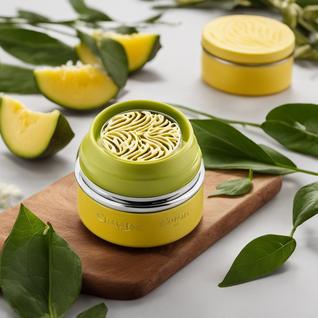 the enchanting essence of the Amazon Butter Infuser as vibrant green leaves intertwine with luscious yellow butter, gracefully melting and infusing, creating a tantalizing swirl of flavors