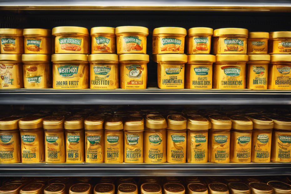 An image showcasing a vibrant supermarket shelf filled with neatly stacked golden Anchor Butter packages, glistening under the store's bright lights