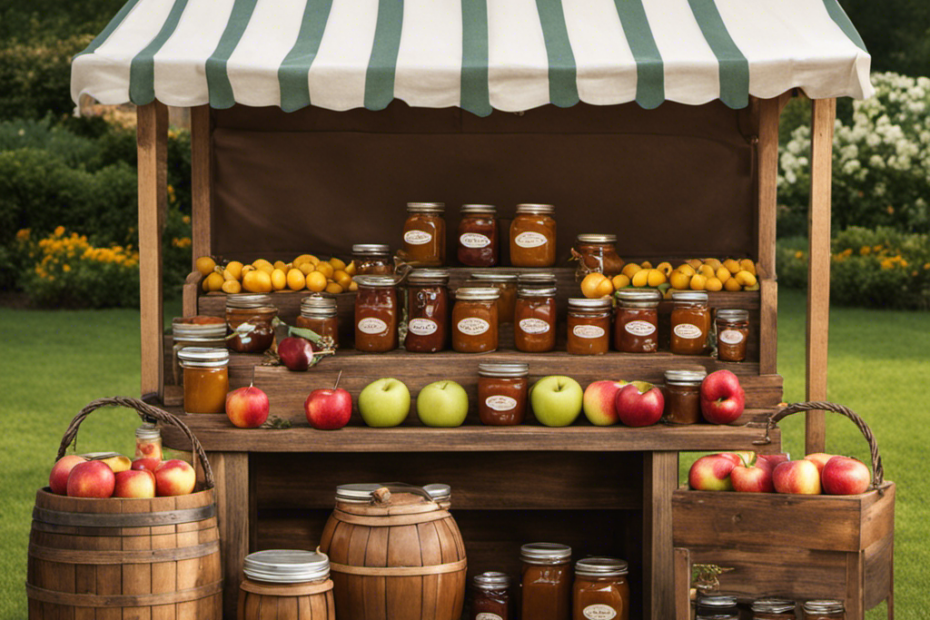 An image showcasing a rustic wooden farmers market stand, adorned with jars of rich, caramel-colored apple butter