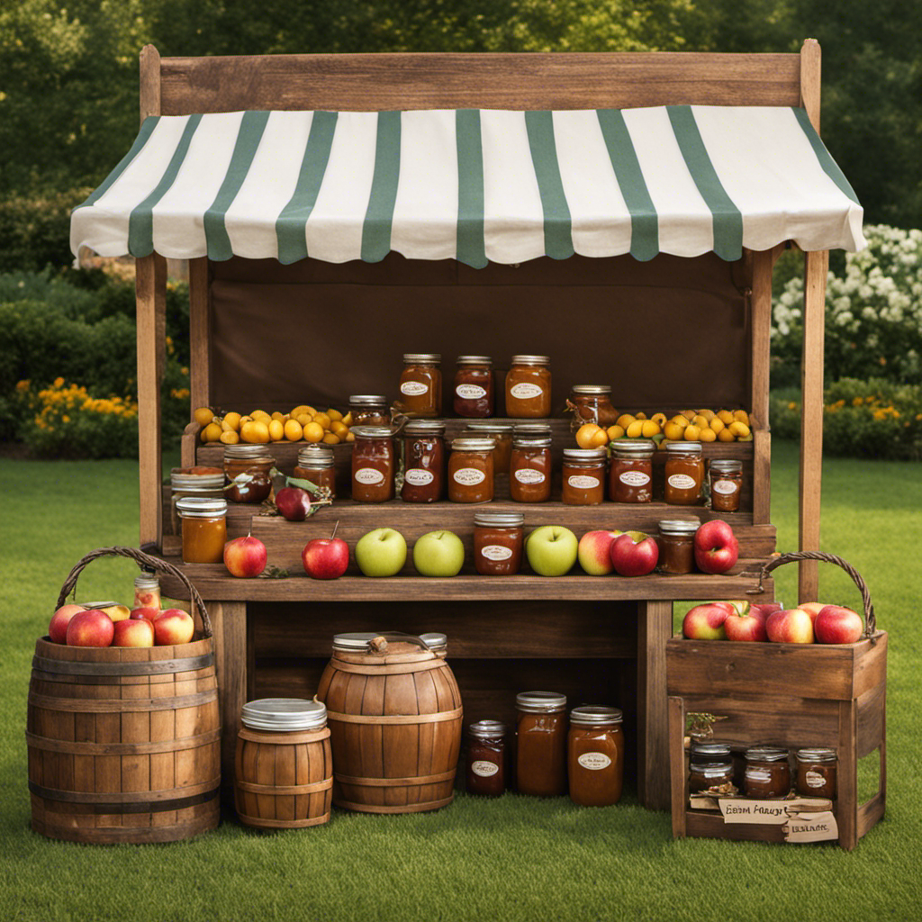 An image showcasing a rustic wooden farmers market stand, adorned with jars of rich, caramel-colored apple butter