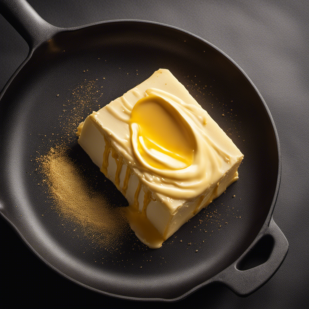 An image showcasing a golden stick of butter sizzling in a scorching hot skillet, emitting wisps of smoke