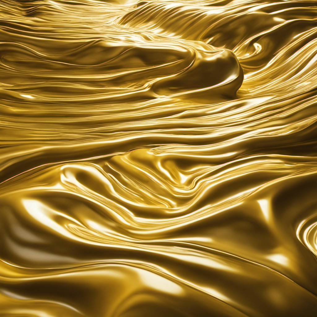 An image that captures the essence of melting butter: a yellow-golden block gradually softening, transitioning into a glossy pool, with delicate rivulets forming as it liquefies under the gentle warmth of a sunbeam