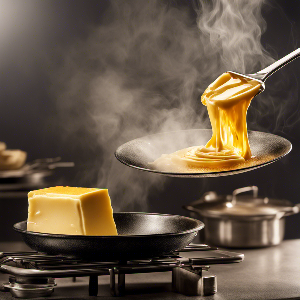 An image depicting a golden stick of butter melting in a sizzling frying pan, emitting wisps of smoke, as a thermometer hovers nearby, indicating the precise temperature at which butter reaches its burning point