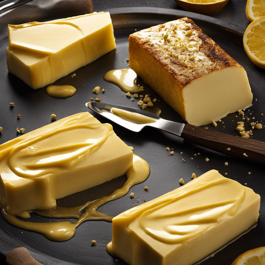 An image showcasing a golden stick of butter gently resting on a sizzling hot pan