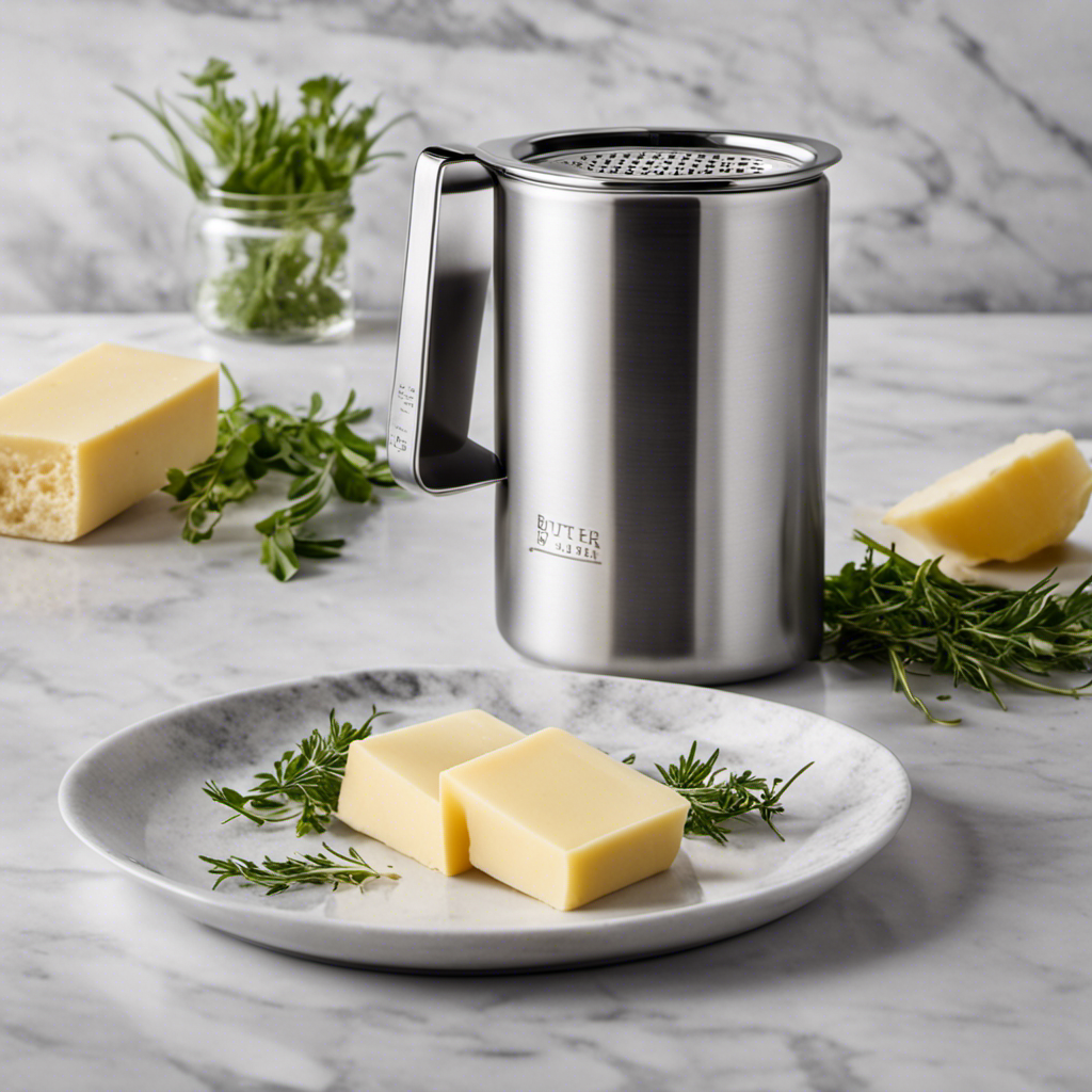 An image showcasing the sleek design of the Best Butter Infuser 2021 - a stainless steel appliance with a glass lid, delicately balanced on a marble countertop, surrounded by fresh herbs, and a stick of butter gently melting inside