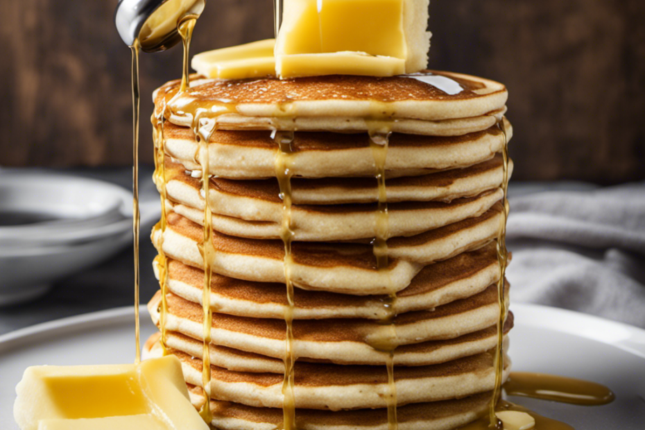 An image showcasing a sleek, stainless steel butter infuser, with warm, melted butter slowly drizzling over a stack of fluffy pancakes