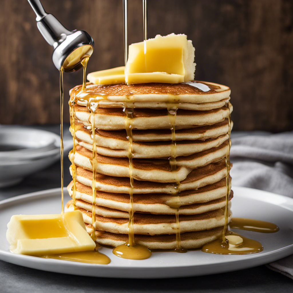 An image showcasing a sleek, stainless steel butter infuser, with warm, melted butter slowly drizzling over a stack of fluffy pancakes